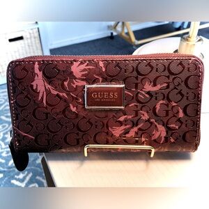 GUESS Floral Monogram Zip Wallet in Burgundy